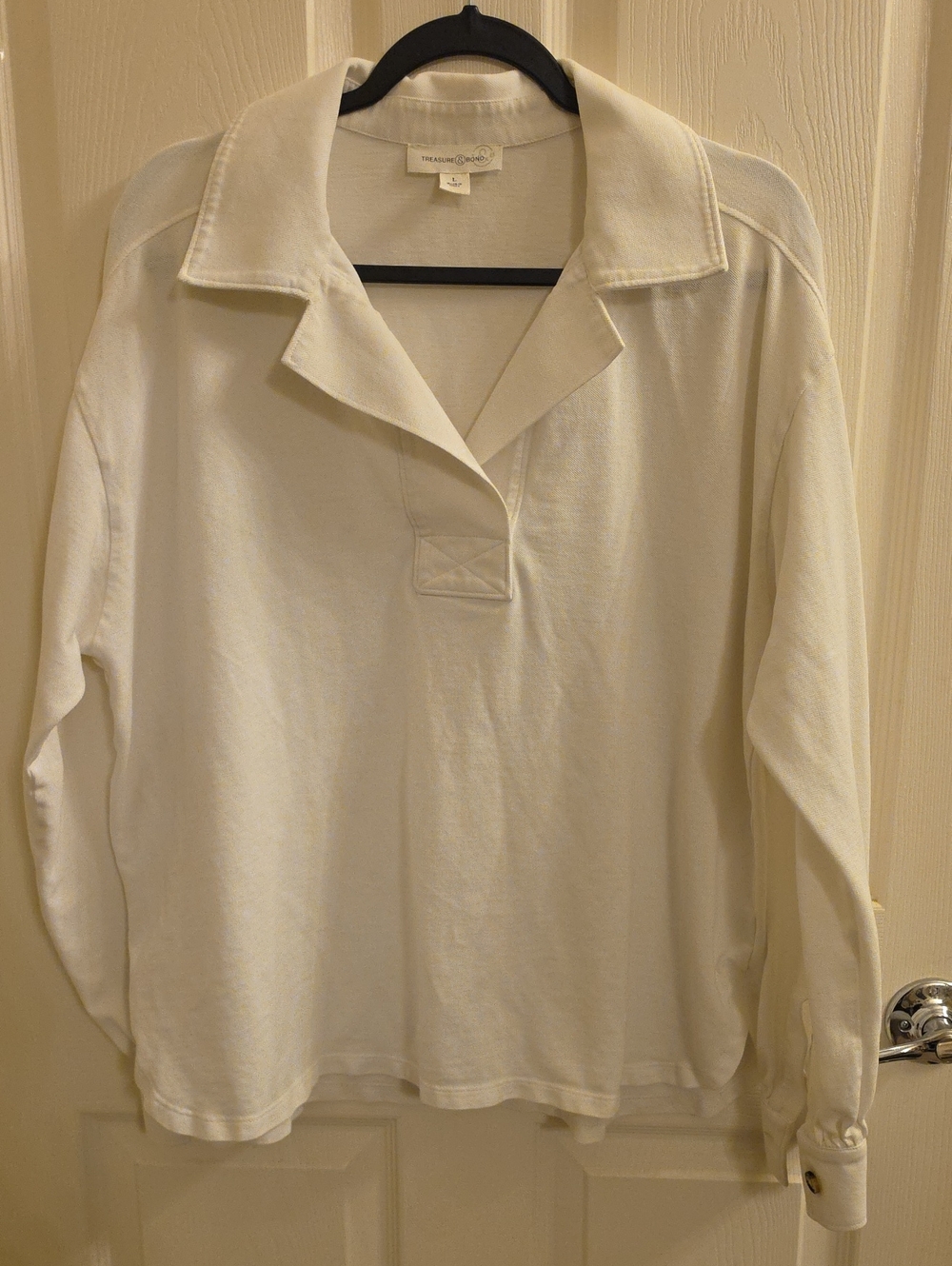 Treasure & Bond Off White 100% Cotton Oversized Long-Sleeve Polo Shirt